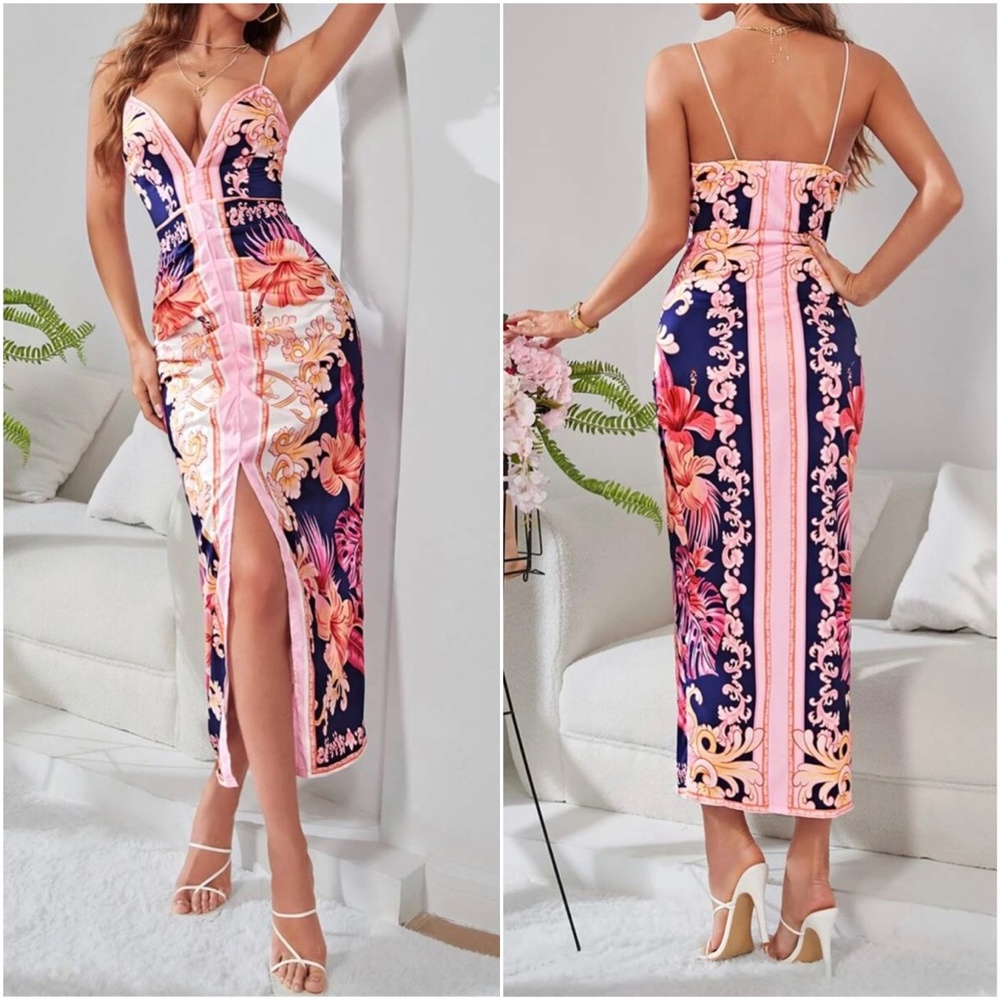 Luxe Floral Print Sexy Evening Bodycon Dress - Picture 3 of 8